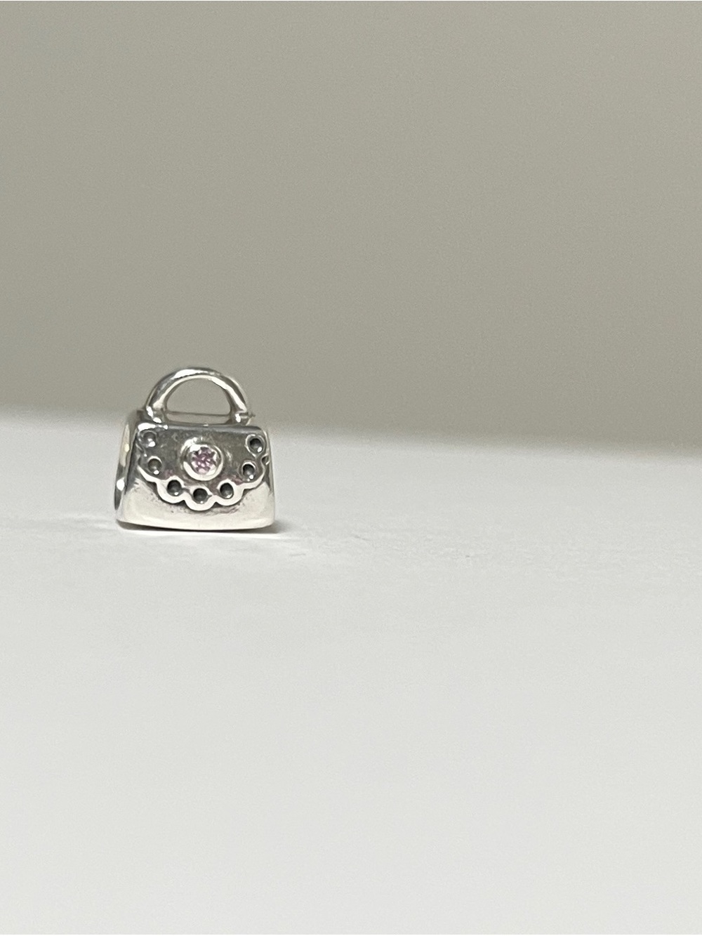 Pandora Silver Purse Charm Bracelet Charm with Light Pink Stone